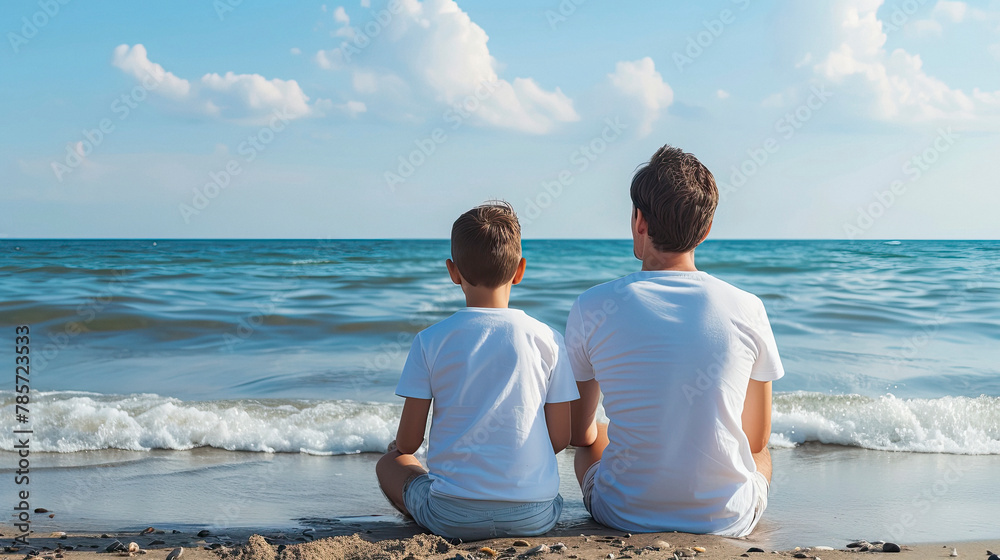 Fototapeta premium Father with son sit together on the beach