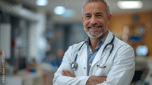 A smiling middle aged doctor with his arms crossed