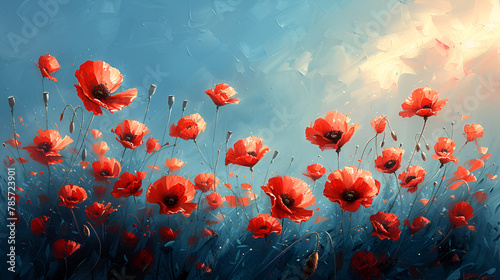 A painting featuring vibrant red poppy flowers, Poppy flower meadow 3d image  © Zafar