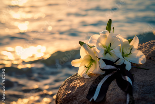 Black funeral ribbon and white lily flowers on a rock by the calm sea