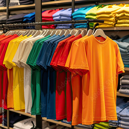 Many color of T-shirt are put on display.