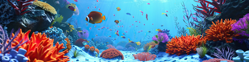 Fototapeta premium Coral Cove Playground: 3D Model Featuring Animated Sea Creatures in a Vibrant Underwater Setting