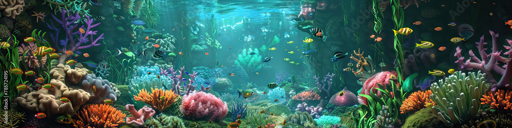 Fototapeta premium Coral Cove Playground: 3D Model Featuring Animated Sea Creatures in a Vibrant Underwater Setting