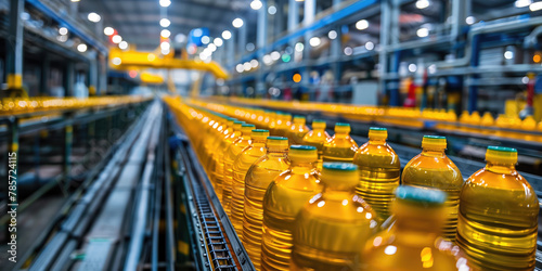 Rows of bottled vegetable oil moving along the production line in a modern food processing plant.