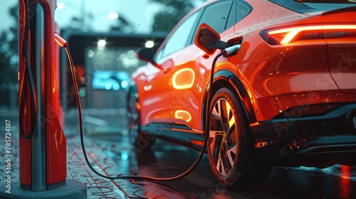 A modern red electric vehicle being charged at a power station, with ambient illumination reflecting on wet ground at evening time