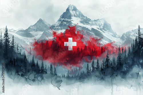 A hauntingly beautiful watercolor scene featuring a Swiss mountain landscape with a vibrant red mist forming the Swiss cross, in honor of Swiss National Day photo