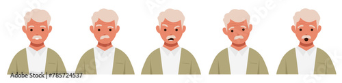 Various emotion and face expression grandfather. Character with different feelings. Angry, happy, crying, worried. Grandfather with various emotions. 
Colored flat vector illustration