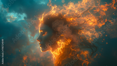 A silhouette of a woman with fire erupting,
A woman with long curly hair is in front of a fire
 photo