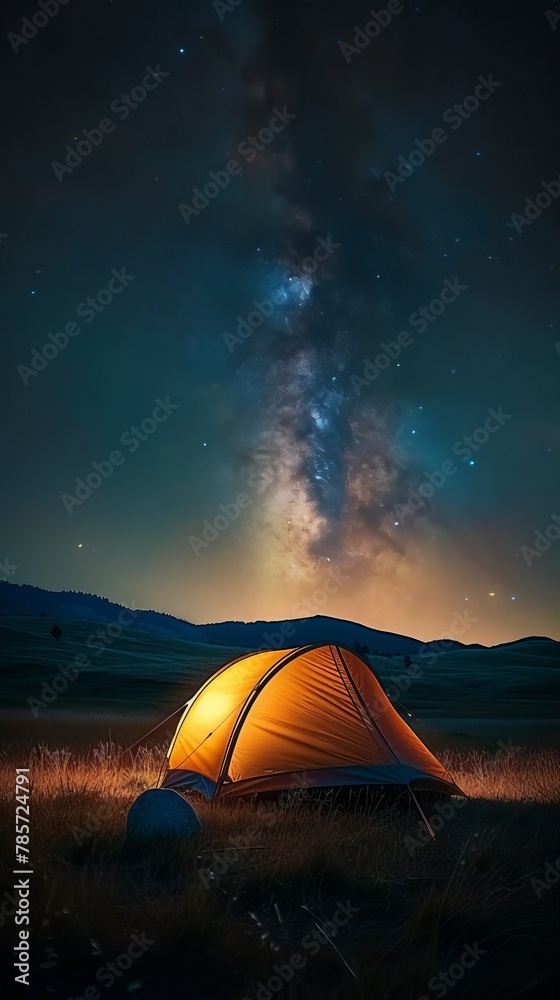 tent is lit up on the field with stars above, in the style of dark yellow and light beige