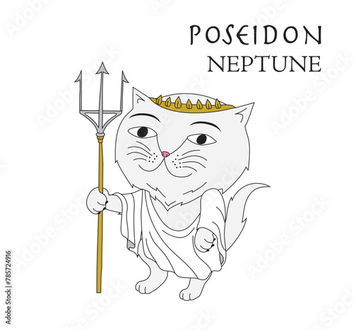 Cute cartoon illustration of cat Poseidon