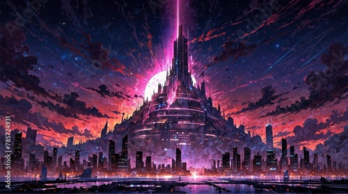 In a glitching cyberpunk novel space anomaly, a towering enigmatic structure pulsates with neon hues and flickering holographic projections photo