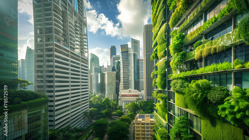 Modern green city. The towering skyscrapers surrounded by lush trees. The Sustainable Future City