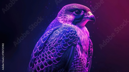 This stunning image captures a majestic falcon illuminated with vibrant purple and blue hues, set against a dramatic, dark gradient background photo
