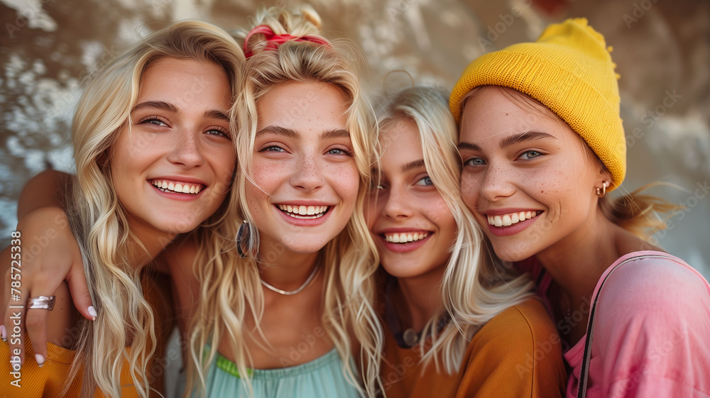 group of beautiful young cheerful women in summer casual clothes posing outdoors on a sunny day