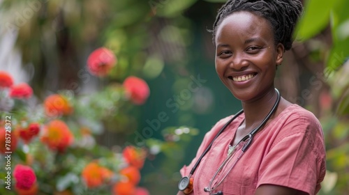 A cheerful midwife smiles outdoors, surrounded by nature, reflecting the nurturing side of healthcare providers. photo