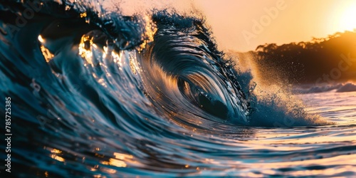 Golden hour light casting a warm glow on the crest of a powerful ocean wave, encapsulating the essence of the sea.