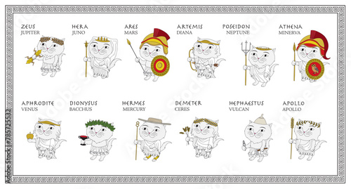 Cute cartoon style set of Greek gods as cats