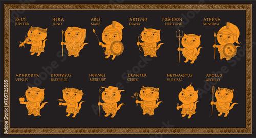 Cute cartoon style set of Greek gods as cats