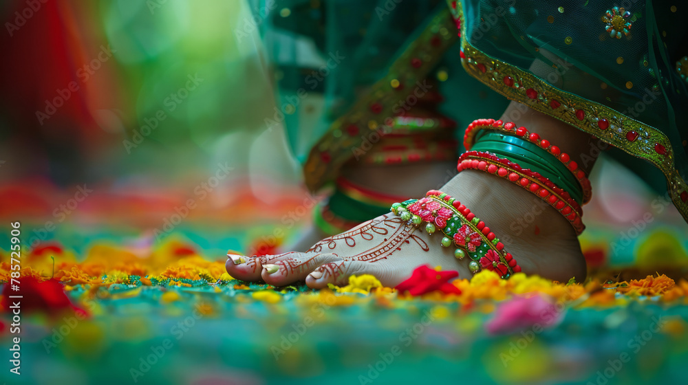 Wearing anklet in foot, foot Mehendi , green red bangles , full of festival celebration, selective focus 