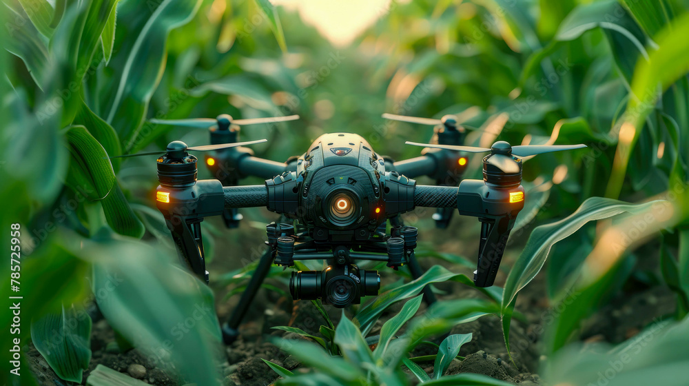 Plastic toy drone in the corn field. Close-up Plastic toy drone in the corn field. Close-up