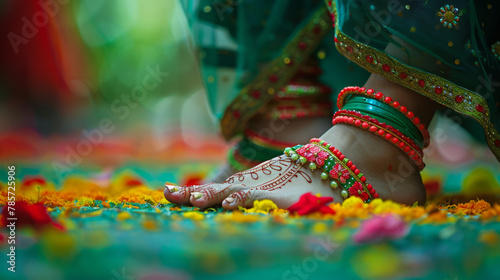 Wearing anklet in foot, foot Mehendi , green red bangles , full of festival celebration, selective focus  photo