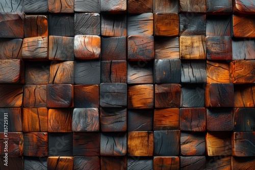The image shows a detailed view of a textured pattern made from interlocking brown wooden blocks