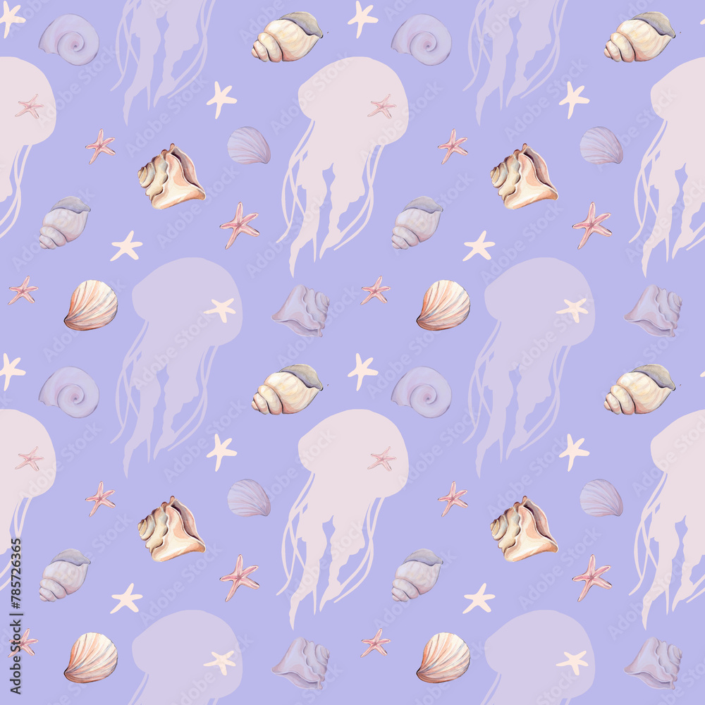 Fototapeta premium Seamless pattern with watercolor seashell and jelly fish