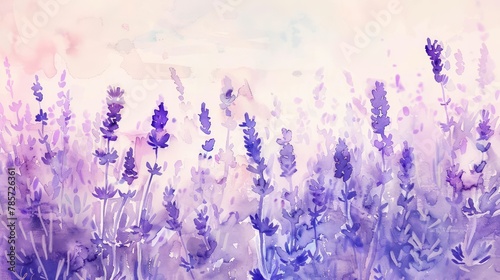 A serene purple lavender field painted in watercolor, inducing a sense of calm and creativity with its soft hues and dreamy composition photo