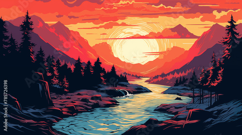 Jolie illustration d'un coucher ou lever de soleil. Illustration colorée, pleine de couleurs. Paysage, montagnes, arbres, nuages, eau. Pour conception et création graphique.