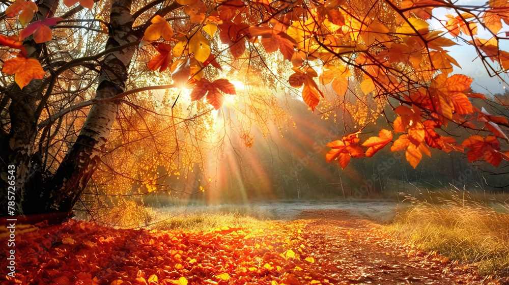 Autumnal colored leaves on a tree with sun rays from background Autumnal colored leaves on a tree with sun rays from background