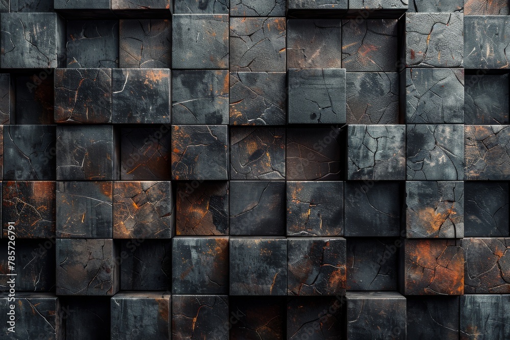 A bold image featuring a wall composed of cubic black marble with distinctive textures and natural orange streaks A bold image featuring a wall composed of cubic black marble with distinctive textures and natural orange streaks