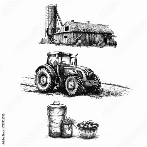 Rustic Charms of Farm Life Illustrated. Use like countryside background with element of agriculture, granary, barn, tractor, silo, farming, rural, livestock, farm food, nature.