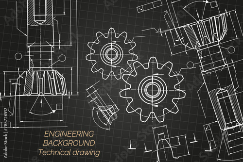 Mechanical engineering drawings on black background. Tap tools, borer. Technical Design. Cover. Blueprint. Vector illustration.