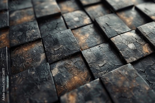 Detailed view of dark textured square tiles with focus on material texture and industrial design aesthetic