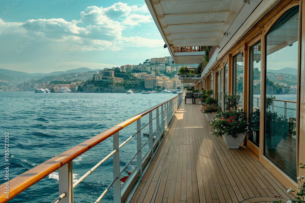 Luxurious Cruise Ship Deck Overlooking Scenic Coastal City