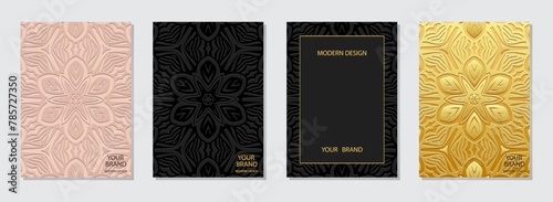 Set of decorative covers, vertical templates. Collection of relief, geometric backgrounds with ethnic 3D patterns, handmade. Ornamental boho exoticism of the East, Asia, India, Mexico, Aztec, Peru.