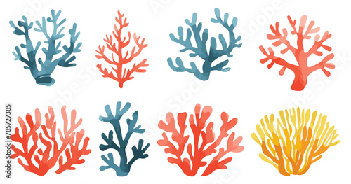 Set of coral images drawn in watercolor on a white background.Sea vector illustration. © KotBaton