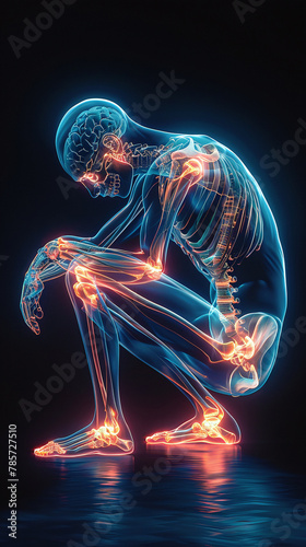 Illustration of a transparent body with focus on joints and bones with hurting points