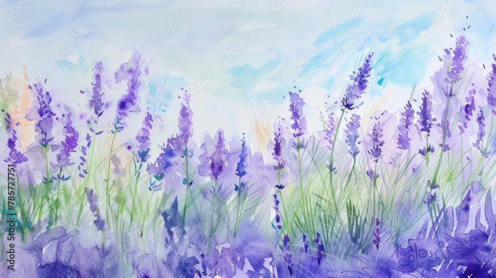 This image features a serene watercolor depiction of a lush lavender field under a pastel blue sky, showcasing the beauty of nature and its calming effect
