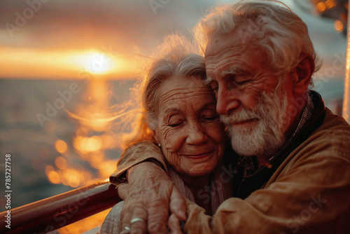Loving Elderly Couple Embracing at Sunset on a Cruise Ship