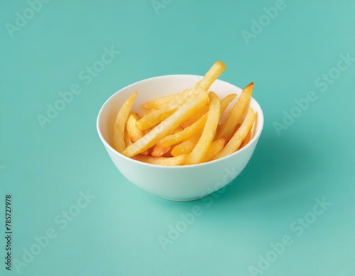 Immagine orizzontale di ciotola bianca di patate fritte su sfondo azzurro generato con ia photo