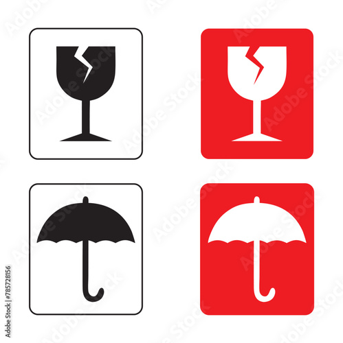 Iconos en negro y rojo de pegatinas para embalaje: cuidado cristal y no humedad. Vector