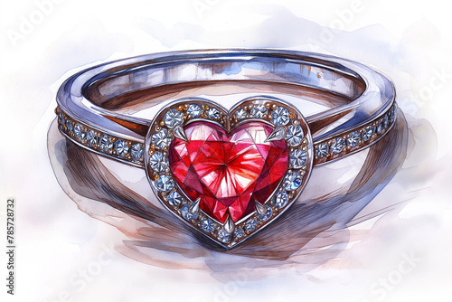 Illustration of a heart shaped red gemstone ring with surrounding diamonds. © Hype2Art