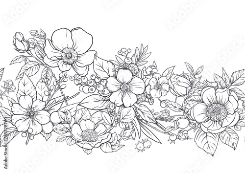 Boutonniere of wild rose flowers and berries Seamless pattern, background. Outline hand drawing vector illustration. In botanical style