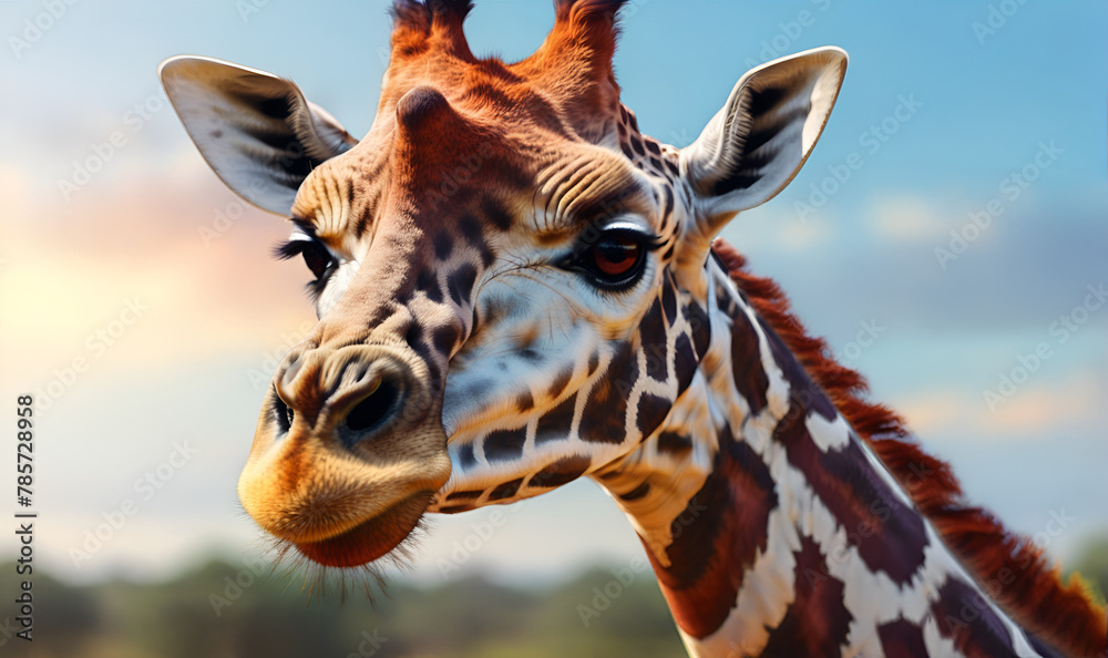 Naklejka premium A giraffe, close-up in the background.