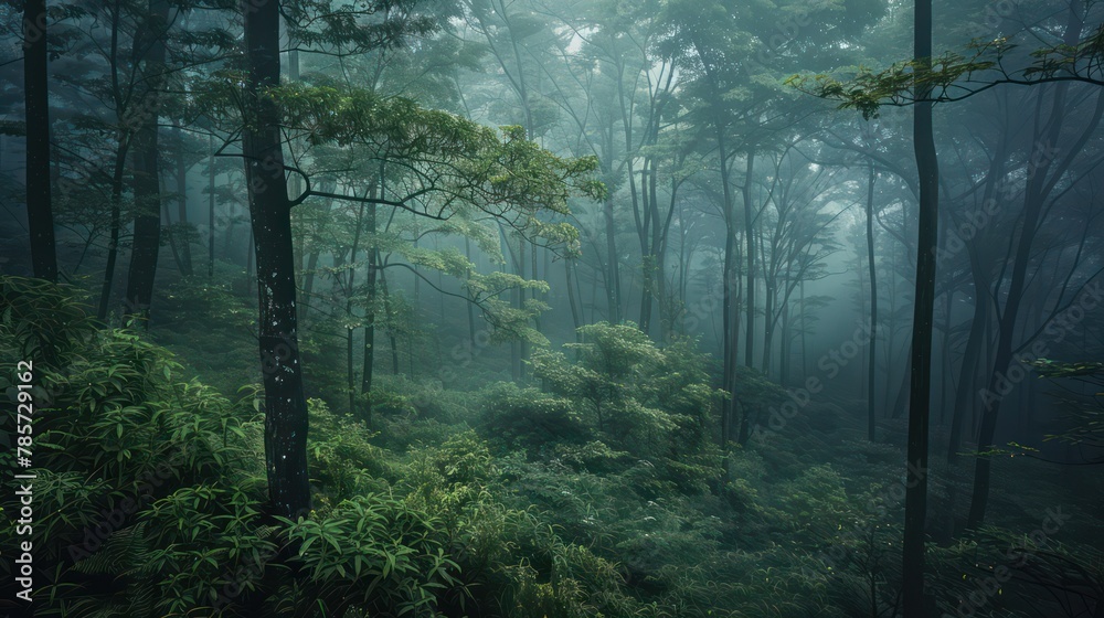 A captivating image showcasing a fog-enshrouded forest with an abundance of greenery, creating a mysterious and serene atmosphere