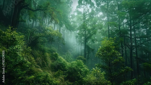 A serene forest landscape enveloped in mist, featuring verdant greenery and towering trees that evoke a sense of calmness and tranquility