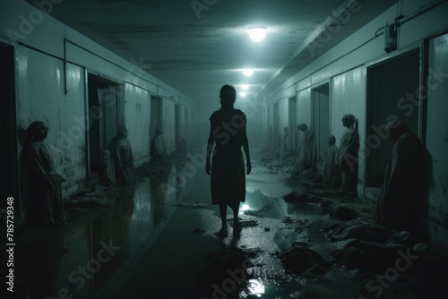Ominous Figure Standing in a Desolate, Foggy Hospital Corridor with Ghostly Figures
