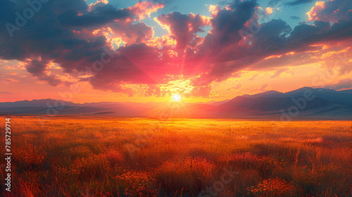 The sun is setting casting a warm afterglow over, Majestic Sunset In Mountains Landscape Nature Composition 