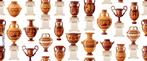 Ancient vase pattern. Greek pottery background with vases on column. Jar, pot, amphora. Antique roman ceramic vessels on old white pillar pattern. Ancient earthenware with paintings vector background
